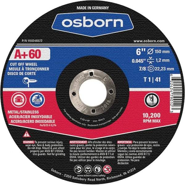 Osborn - 6" 60 Grit Aluminum Oxide Cutoff Wheel - 0.045" Thick, 7/8" Arbor, Use with Angle Grinders - Eagle Tool & Supply