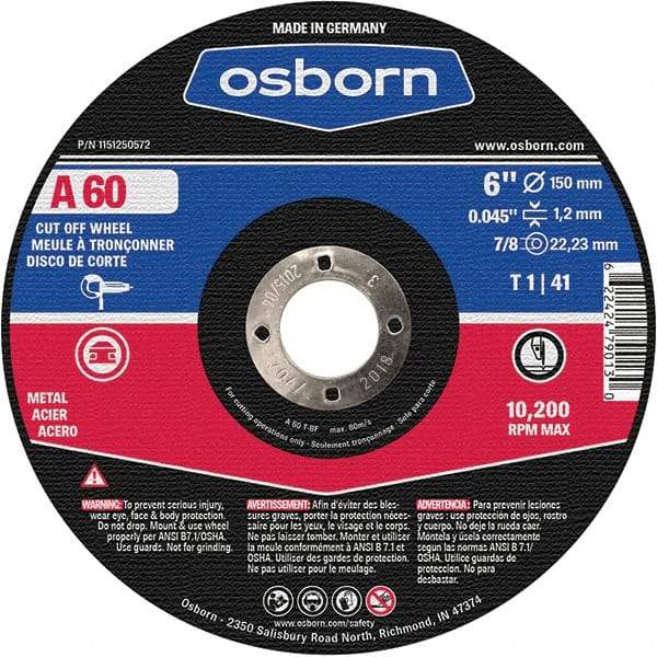 Osborn - 6" 60 Grit Aluminum Oxide Cutoff Wheel - 0.045" Thick, 7/8" Arbor, Use with Angle Grinders - Eagle Tool & Supply