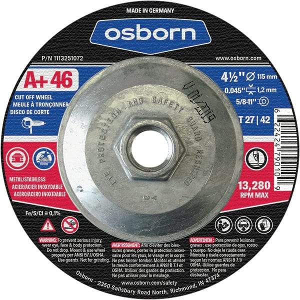 Osborn - 4-1/2" 60 Grit Aluminum Oxide Cutoff Wheel - 0.045" Thick, 5/8-11 Arbor, Use with Angle Grinders - Eagle Tool & Supply