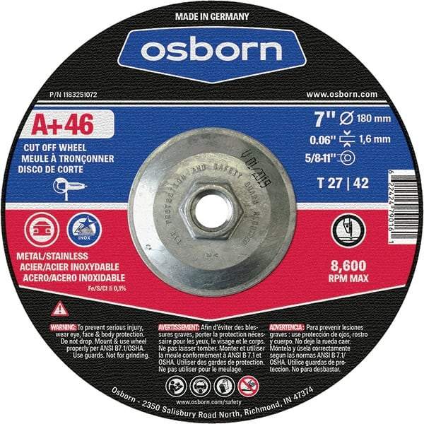 Osborn - 7" 46 Grit Aluminum Oxide Cutoff Wheel - 0.06" Thick, 5/8-11 Arbor, Use with Angle Grinders - Eagle Tool & Supply