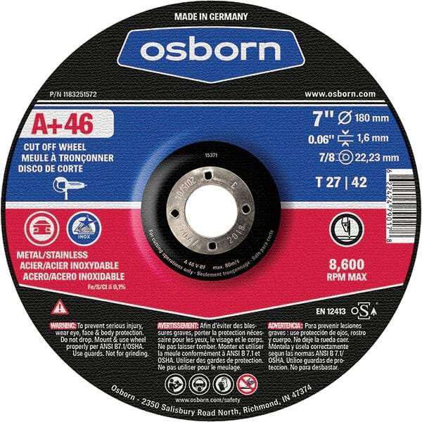 Osborn - 7" 46 Grit Aluminum Oxide Cutoff Wheel - 0.06" Thick, 7/8" Arbor, Use with Angle Grinders - Eagle Tool & Supply