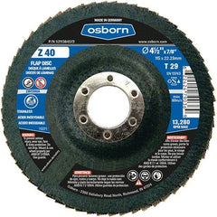 Osborn - 40 Grit, 4-1/2" Disc Diam, 7/8" Center Hole, Type 29 Zirconia Alumina Flap Disc - 13,280 Max RPM, Fiberglass Backing, Arbor Attaching System, Coated - Eagle Tool & Supply