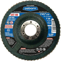 Osborn - 60 Grit, 4-1/2" Disc Diam, 7/8" Center Hole, Type 29 Ceramic Flap Disc - 13,280 Max RPM, Fiberglass Backing, Arbor Attaching System, Coated - Eagle Tool & Supply