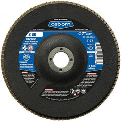 Osborn - 60 Grit, 7" Disc Diam, 7/8" Center Hole, Type 27 Zirconia Alumina Flap Disc - 8,600 Max RPM, Fiberglass Backing, Arbor Attaching System, Coated - Eagle Tool & Supply