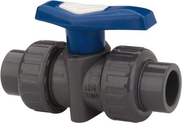 Simtech - 1/2" Pipe, Full Port, Polypropylene True Union Design Ball Valve - Inline - Two Way Flow, FNPT x FNPT Ends, Tee Handle, 232 WOG - Eagle Tool & Supply