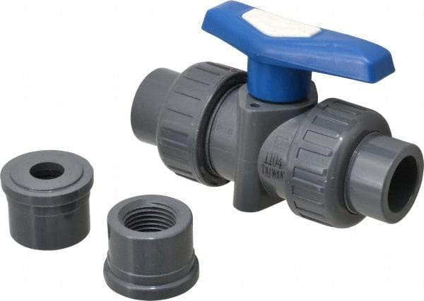 Simtech - 1/2" Pipe, Full Port, PVC True Union Design Ball Valve - Inline - Two Way Flow, FNPT x FNPT (with Socket Adapter) Ends, Tee Handle, 232 WOG - Eagle Tool & Supply