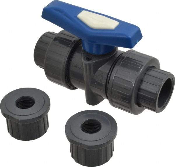 Simtech - 3/4" Pipe, Full Port, PVC True Union Design Ball Valve - Inline - Two Way Flow, FNPT x FNPT (with Socket Adapter) Ends, Tee Handle, 232 WOG - Eagle Tool & Supply