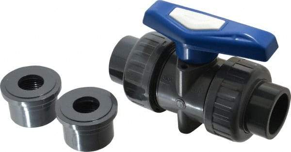 Simtech - 1" Pipe, Full Port, PVC True Union Design Ball Valve - Inline - Two Way Flow, FNPT x FNPT (with Socket Adapter) Ends, Tee Handle, 232 WOG - Eagle Tool & Supply