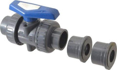Simtech - 1-1/4" Pipe, Full Port, PVC True Union Design Ball Valve - Inline - Two Way Flow, FNPT x FNPT (with Socket Adapter) Ends, Tee Handle, 232 WOG - Eagle Tool & Supply