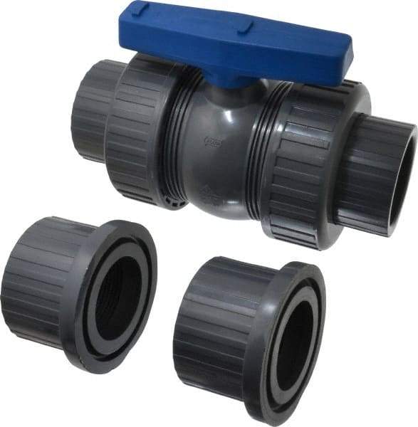 Simtech - 2-1/2" Pipe, Full Port, PVC True Union Design Ball Valve - Inline - Two Way Flow, FNPT x FNPT Ends, Tee Handle, 150 WOG - Eagle Tool & Supply