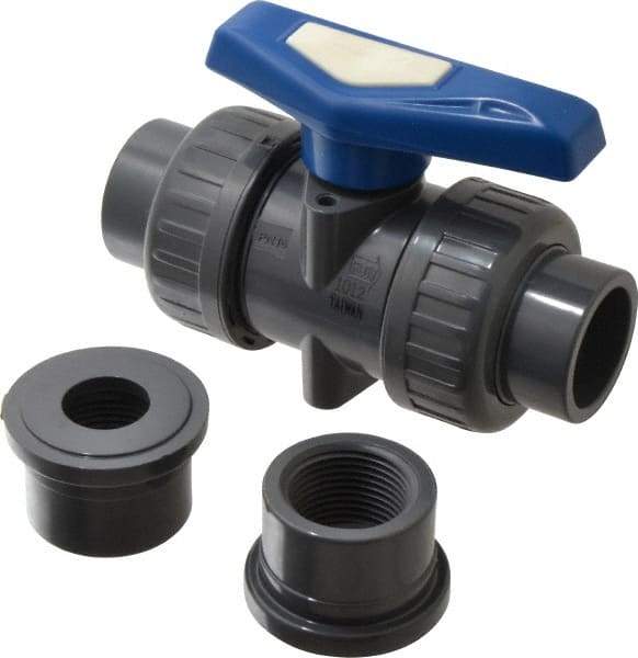 Simtech - 1" Pipe, Full Port, PVC True Union Design Ball Valve - Inline - Two Way Flow, FNPT x FNPT (with Socket Adapter) Ends, Tee Handle, 232 WOG - Eagle Tool & Supply