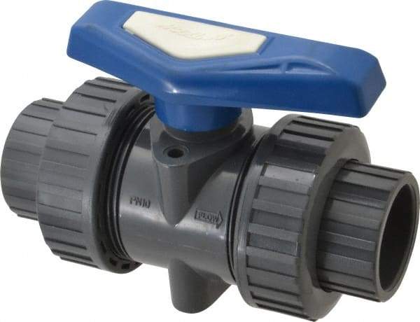 Simtech - 1-1/4" Pipe, Full Port, PVC True Union Design Ball Valve - Inline - Two Way Flow, FNPT x FNPT (with Socket Adapter) Ends, Tee Handle, 232 WOG - Eagle Tool & Supply