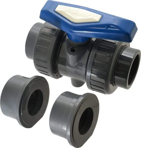 Simtech - 1-1/2" Pipe, Full Port, PVC True Union Design Ball Valve - Inline - Two Way Flow, FNPT x FNPT (with Socket Adapter) Ends, Tee Handle, 232 WOG - Eagle Tool & Supply