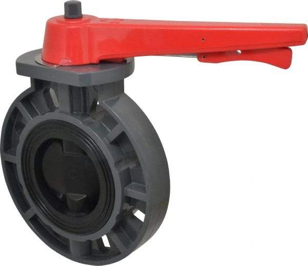 Simtech - 4" Pipe, Wafer Butterfly Valve - Lever Handle, PVC Body, EPDM Seat, 150 WOG, Polypropylene Disc, Stainless Steel Stem - Eagle Tool & Supply