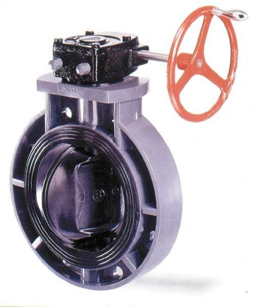 Simtech - 12" Pipe, Wafer Butterfly Valve - Gear Handle, PVC Body, Viton Seat, 150 WOG, Polypropylene Disc, Stainless Steel Stem - Eagle Tool & Supply