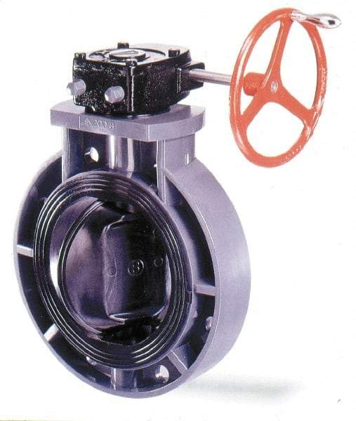 Simtech - 10" Pipe, Wafer Butterfly Valve - Gear Handle, PVC Body, Viton Seat, 150 WOG, Polypropylene Disc, Stainless Steel Stem - Eagle Tool & Supply