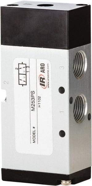 ARO/Ingersoll-Rand - 3/8" Inlet x 3/8" Outlet, Pilot Actuator, Spring Return, 2 Position, Body Ported Solenoid Air Valve - 1.65 CV, 3 Way, 140 psi, 122° Max Temp, 15° Min Temp - Eagle Tool & Supply