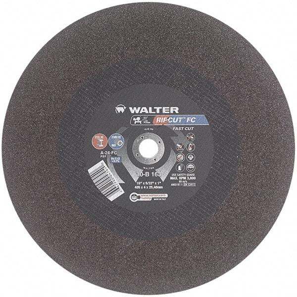 WALTER Surface Technologies - 16" 24 Grit Aluminum Oxide Cutoff Wheel - 5/32" Thick, 1" Arbor, 3,800 Max RPM, Use with Stationary Tools - Eagle Tool & Supply