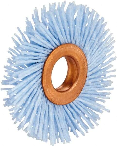 Tanis - 3" OD, 1/2" Arbor Hole, Crimped Nylon Wheel Brush - 3/8" Face Width, 7/8" Trim Length, 0.04" Filament Diam - Eagle Tool & Supply