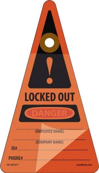 NMC - 7" High x 4" Long, LOCKED OUT - DANGER - EMPLOYEE NAME ___ COMPANY NAME ___ID#___PHONE#___, English Safety & Facility Lockout Tag - Tag Header: Danger, 1 Side, Orange Unrippable Vinyl - Eagle Tool & Supply