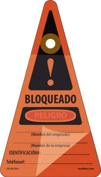 NMC - 7" High x 4" Long, BLOQUEADO - PELIGRO - Nombre del empleado___Nombre de la empresa___ IDENTIFICACION#:___Telefono#:___, Spanish Safety & Facility Lockout Tag - Tag Header: Danger, 1 Side, Orange Unrippable Vinyl - Eagle Tool & Supply