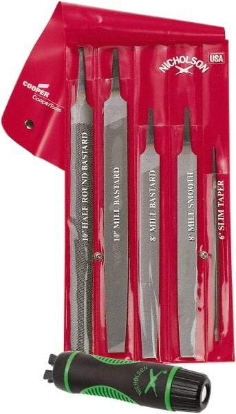 Nicholson - 6 Piece American Pattern File Set - 6", 8", 10" Long, Bastard/Smooth Coarseness, Set Includes Half Round, Mill, Slim Taper - Eagle Tool & Supply