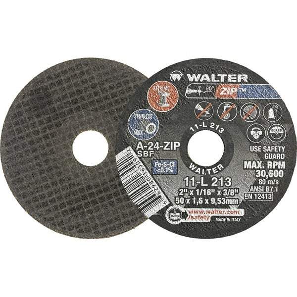 WALTER Surface Technologies - 2" 24 Grit Aluminum Oxide Cutoff Wheel - 1/16" Thick, 3/8" Arbor, 31,000 Max RPM, Use with Die Grinders - Eagle Tool & Supply