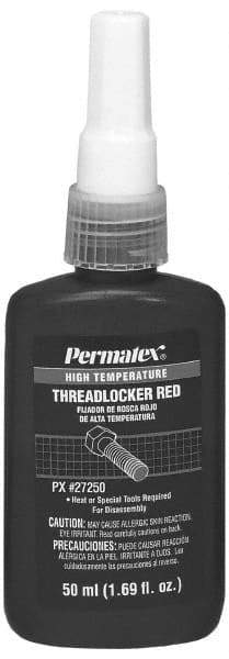 Permatex - 50 mL Bottle, Red, High Strength Liquid Threadlocker - Series 272, 24 hr Full Cure Time, Hand Tool, Heat Removal - Eagle Tool & Supply