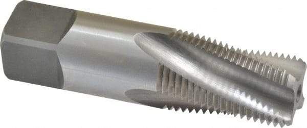 Balax - 3/8-18 NPTF, 15° Helix, 4 Flutes, Bottoming Chamfer, Bright Finish, Cobalt, Spiral Flute Pipe Tap - Right Hand Flute, 0.7" Shank Diam, 1-1/16" Thread Length, 0.333-0.389" Projection, 1/2" Square Size, - Eagle Tool & Supply