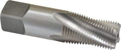 Balax - 3/8-18 NPTF, 15° Helix, 4 Flutes, Bottoming Chamfer, Bright Finish, Cobalt, Spiral Flute Pipe Tap - Right Hand Flute, 0.7" Shank Diam, 1-1/16" Thread Length, 0.333-0.389" Projection, 1/2" Square Size, - Eagle Tool & Supply
