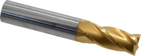 SGS - 31/64", 1" LOC, 1/2" Shank Diam, 3" OAL, 4 Flute, Solid Carbide Square End Mill - Single End, TiN Finish, Spiral Flute, 30° Helix, Centercutting, Right Hand Cut, Right Hand Flute, Series 1 - Eagle Tool & Supply