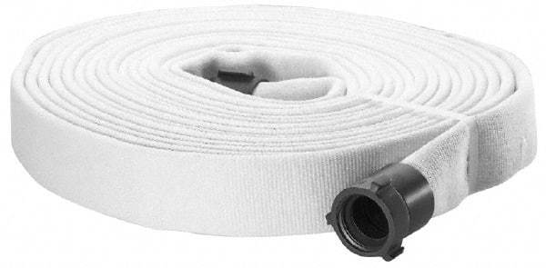 Made in USA - 1-1/2" ID x 1-15/16" OD, 400 Working psi, White Polyester/Rubber Fire Hose, Double Jacket - 1-1/2" NH/NST Ends, 50' Long, -40 to 150°F,1,200 Burst psi - Eagle Tool & Supply