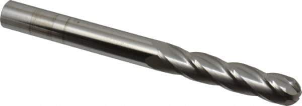SGS - 3/8" Diam, 1-3/4" LOC, 4 Flute Solid Carbide Ball End Mill - Uncoated, Single End, 4" OAL, 3/8" Shank Diam, Spiral Flute - Eagle Tool & Supply