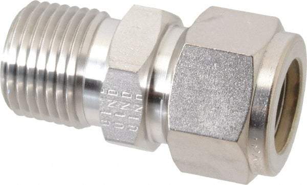 Parker - 5/8" OD, Stainless Steel Male Connector - -425 to 1,200°F, 15/16" Hex, Comp x MNPT Ends - Eagle Tool & Supply