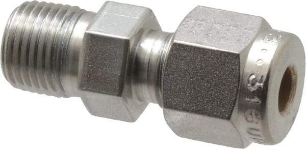 Parker - 3/16" OD, Stainless Steel Male Connector - -425 to 1,200°F, 7/16" Hex, Comp x MNPT Ends - Eagle Tool & Supply