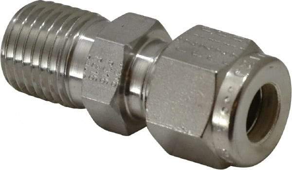 Parker - 5/16" OD, Stainless Steel Male Connector - -425 to 1,200°F, 9/16" Hex, Comp x MNPT Ends - Eagle Tool & Supply
