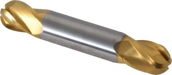 SGS - 1/2" Diam, 5/8" LOC, 4 Flute Solid Carbide Ball End Mill - TiN Finish, Double End, 3" OAL, 1/2" Shank Diam, Spiral Flute - Eagle Tool & Supply