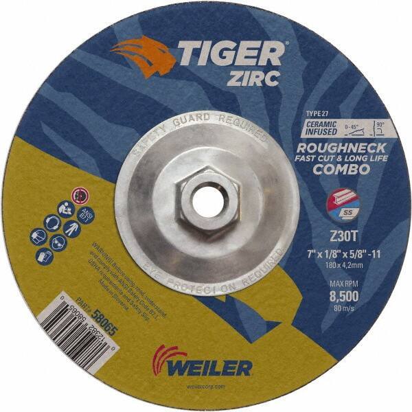 Weiler - 30 Grit, 9" Wheel Diam, Type 27 Depressed Center Wheel - Hard Grade, Zirconia Alumina, T Hardness, 8,500 Max RPM - Eagle Tool & Supply
