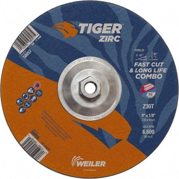 Weiler - 30 Grit, 9" Wheel Diam, Type 27 Depressed Center Wheel - Hard Grade, Zirconia Alumina, T Hardness, 6,600 Max RPM - Eagle Tool & Supply
