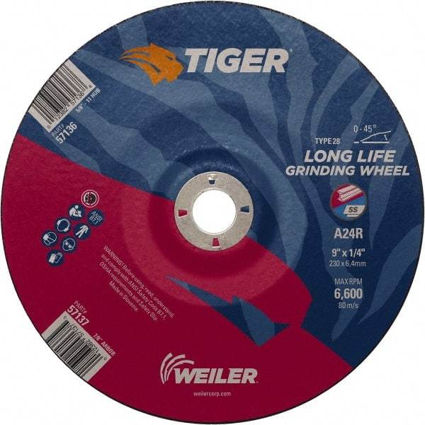 Weiler - 24 Grit, 9" Wheel Diam, 7/8" Arbor Hole, Type 28 Depressed Center Wheel - Medium Grade, Aluminum Oxide, R Hardness, 6,600 Max RPM - Eagle Tool & Supply
