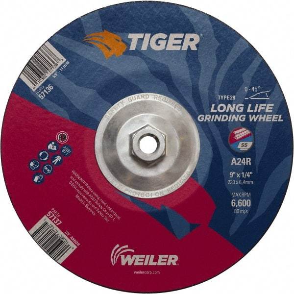 Weiler - 24 Grit, 9" Wheel Diam, Type 28 Depressed Center Wheel - Medium Grade, Aluminum Oxide, R Hardness, 6,600 Max RPM - Eagle Tool & Supply
