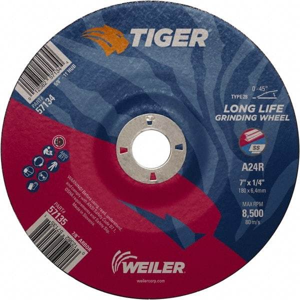 Weiler - 24 Grit, 7" Wheel Diam, 7/8" Arbor Hole, Type 28 Depressed Center Wheel - Medium Grade, Aluminum Oxide, R Hardness, 8,500 Max RPM - Eagle Tool & Supply