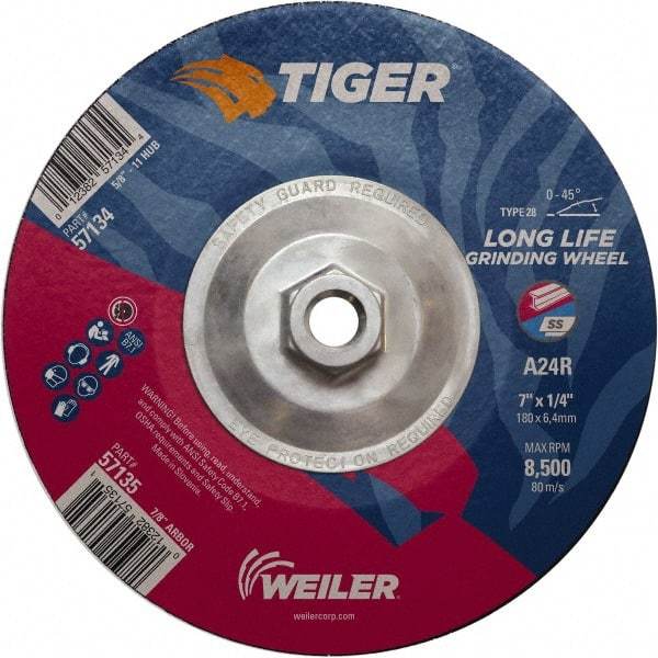 Weiler - 24 Grit, 7" Wheel Diam, Type 28 Depressed Center Wheel - Medium Grade, Aluminum Oxide, R Hardness, 8,500 Max RPM - Eagle Tool & Supply
