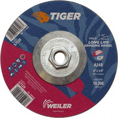 Weiler - 24 Grit, 6" Wheel Diam, Type 27 Depressed Center Wheel - Medium Grade, Aluminum Oxide, R Hardness, 10,200 Max RPM - Eagle Tool & Supply