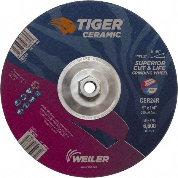 Weiler - 24 Grit, 9" Wheel Diam, Type 27 Depressed Center Wheel - Medium Grade, Ceramic, R Hardness, 6,600 Max RPM - Eagle Tool & Supply