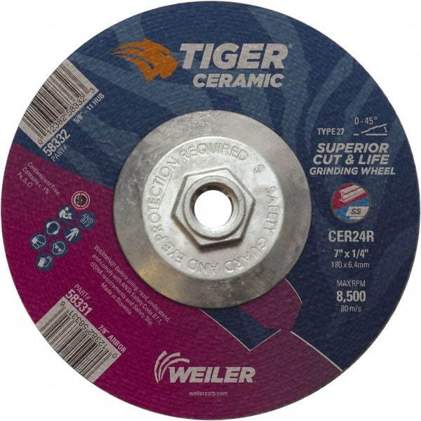 Weiler - 24 Grit, 7" Wheel Diam, Type 27 Depressed Center Wheel - Medium Grade, Ceramic, R Hardness, 8,500 Max RPM - Eagle Tool & Supply