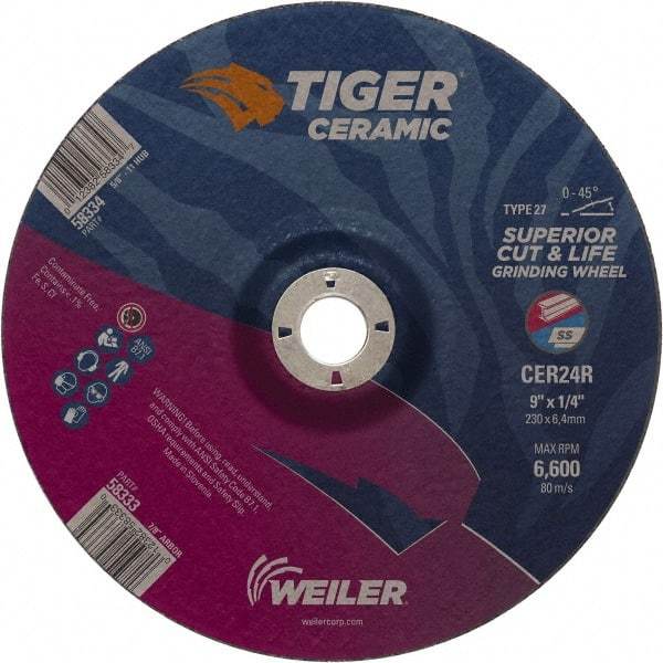 Weiler - 24 Grit, 9" Wheel Diam, 7/8" Arbor Hole, Type 27 Depressed Center Wheel - Medium Grade, Ceramic, R Hardness, 6,600 Max RPM - Eagle Tool & Supply