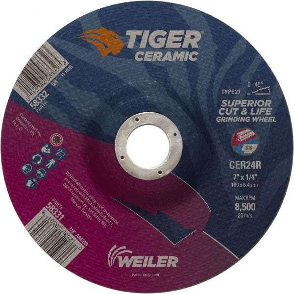 Weiler - 24 Grit, 7" Wheel Diam, 7/8" Arbor Hole, Type 27 Depressed Center Wheel - Medium Grade, Ceramic, R Hardness, 8,500 Max RPM - Eagle Tool & Supply