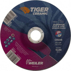 Weiler - 24 Grit, 6" Wheel Diam, 7/8" Arbor Hole, Type 27 Depressed Center Wheel - Medium Grade, Ceramic, R Hardness, 10,200 Max RPM - Eagle Tool & Supply