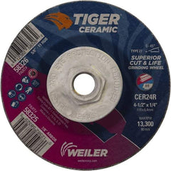 Weiler - 24 Grit, 4-1/2" Wheel Diam, Type 27 Depressed Center Wheel - Medium Grade, Ceramic, R Hardness, 13,300 Max RPM - Eagle Tool & Supply